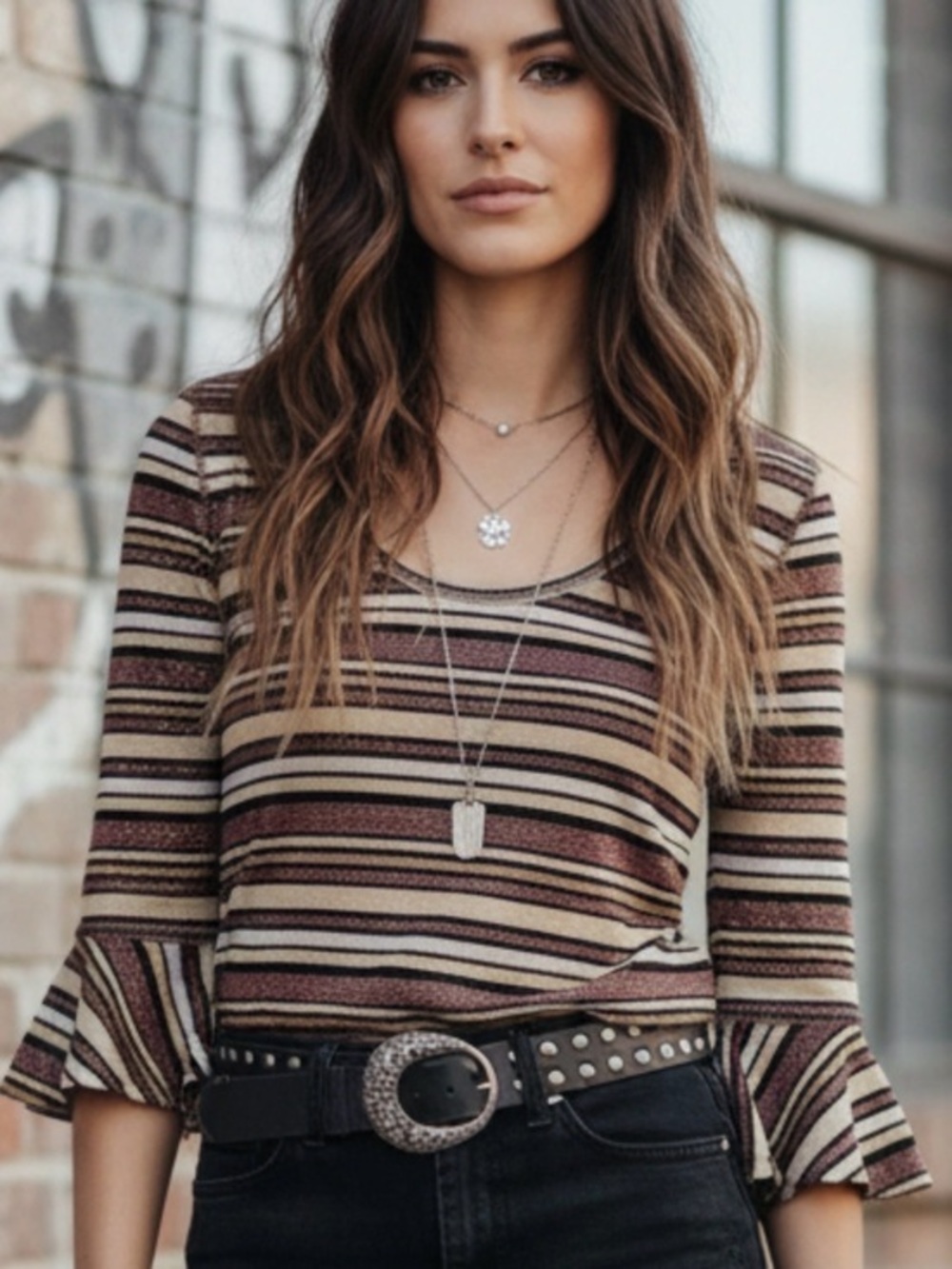 Free People Earth Tone Striped Scoop Neck Bell Sleeve Top Metallic Thread Small